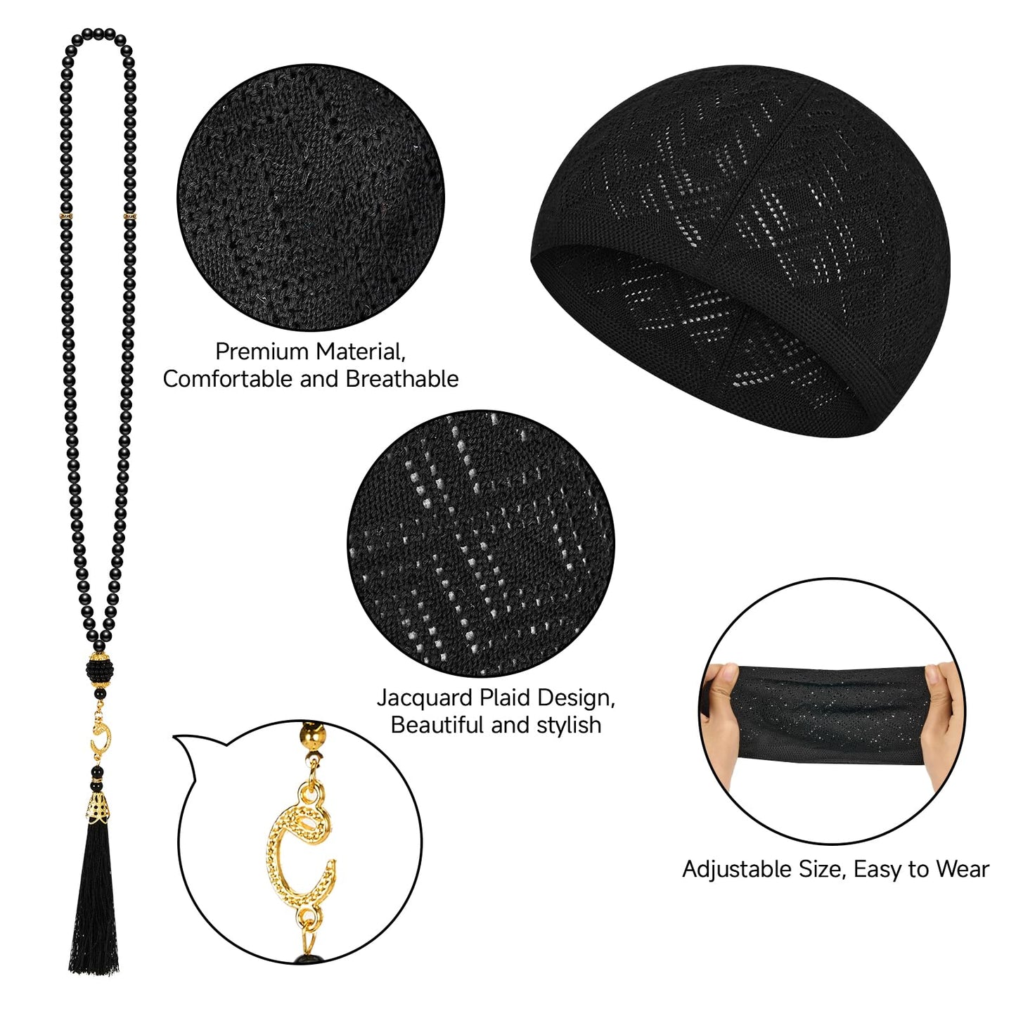 Bafeil Muslim Prayer Mat Set with Kufi Hat & Tasbih 99 Beads, Portable Islamic Prayer Rug Travel Foldable Sajjadah, Breathable Taqiyah Cap, Ramadan Eid Islamic Gifts for Men Women