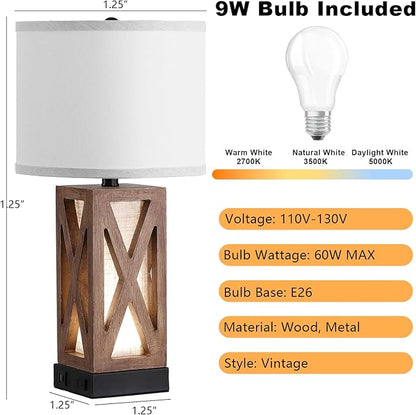 Wood Table Lamp, Vintage Nightstand Lamp with USB Charging Ports A/C, Farmhouse Bedside Lamps for Living Room