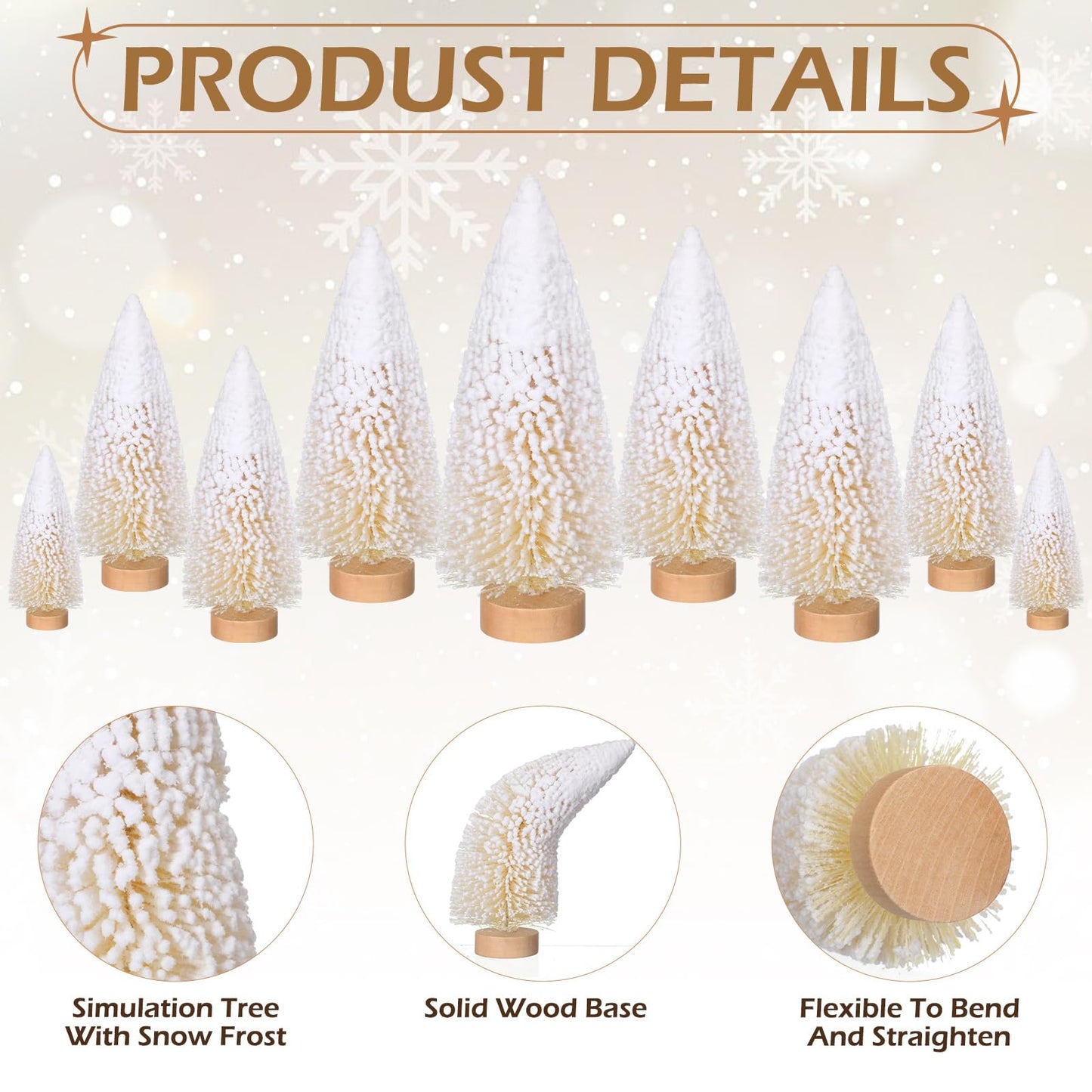 Leyndo 9 Pcs White Snow Flocked Artificial Mini Christmas Tree Sisal Bottle Brush Trees with Wood Base Christmas Pine Trees for Autumn Winter Holiday Kitchen Home Party Decor