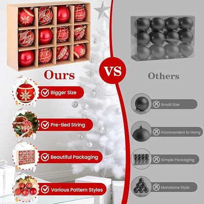 EveryMerry 24-Pack 3.1 Inch Christmas Ornaments Set - Red & Gold Ornament Balls with 5 Various Designs, Decorations with Strings, Sturdy, Kraft Box with Lid for Xmas Tree, Holiday Party & Home Decor