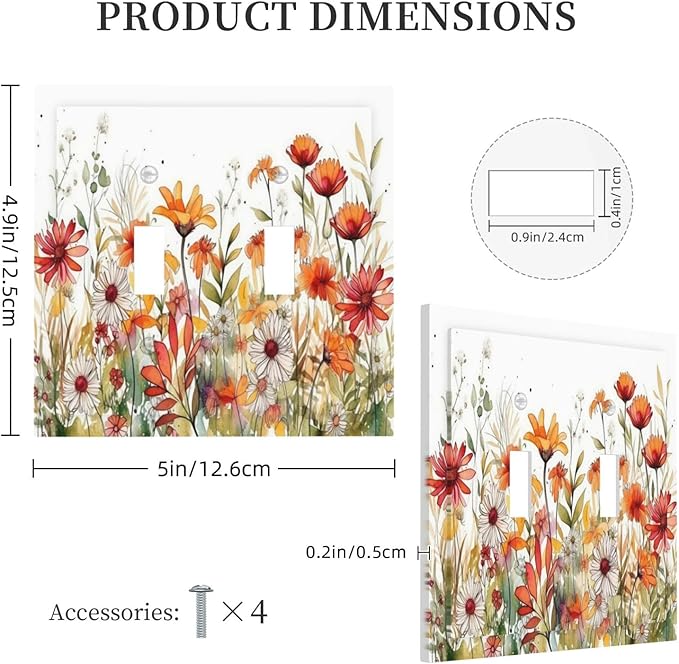 Watercolor Wild Flower Floral 2 Gang Light Switch Plate Cover Double Toggle Wall Plate Decorative Switchplate Electrical Faceplate for Nursery Bedroom Bathroom Decor