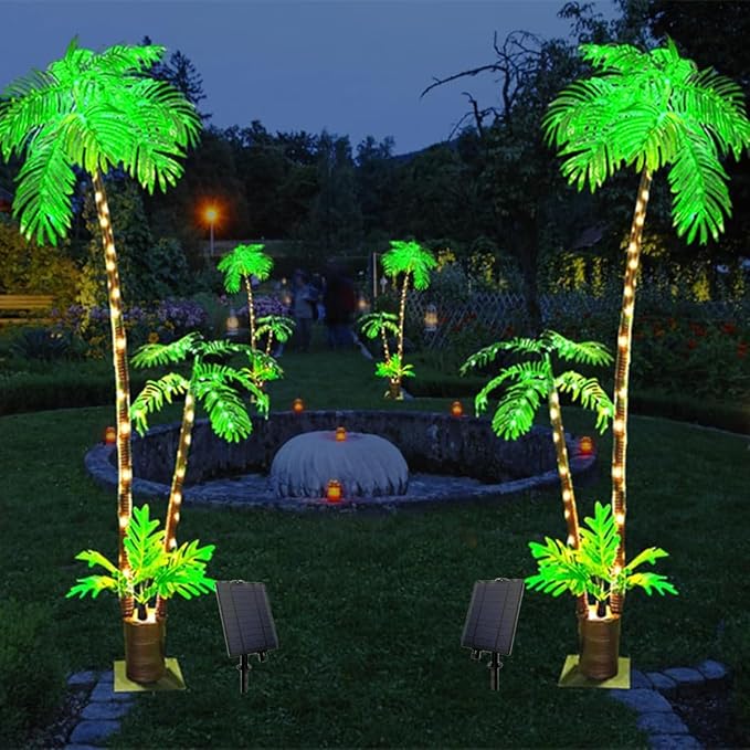 Solar Artificial Palm Trees for Outside Patio,Lighted Palm Tree 6Ft LED Christmas Tree Fake Tropical Plant Light for Tiki Bar Pool Porch Deck Party