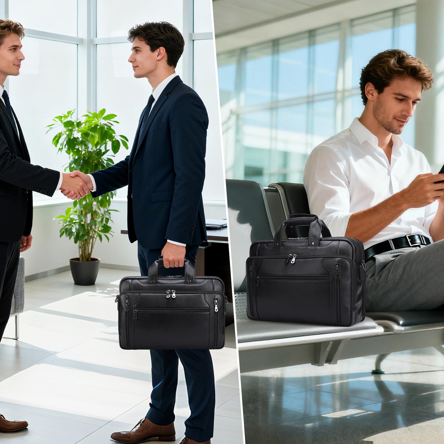 Masa Kawa Black Leather Briefcase for Men, Waterproof 16 Inch Laptop Computer Case, Crossbody Shoulder Messenger Bag for Business Travel, Office Work
