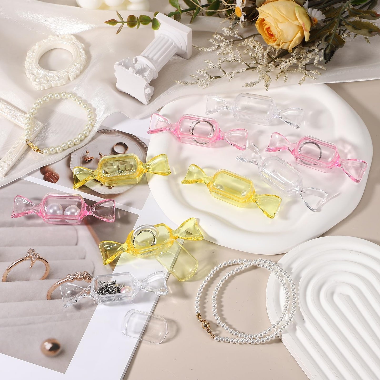 PATIKIL 50Pcs Candy Shaped Jewelry Box, Mini Plastic Jewelry Organizer Earrings Beads Bracelet Small Items Storage Container for Travel Wedding Christmas, Pink