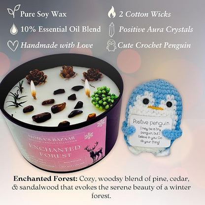 Moira's Bazaar Winter's Joy Gift Set – 16 Oz 50 Hr Scented Candle with Crystals & a Crochet Positive Penguin | Christmas, Holiday, or Motivational Gift, Artisanal Luxury Fragrances (Enchanted Forest)