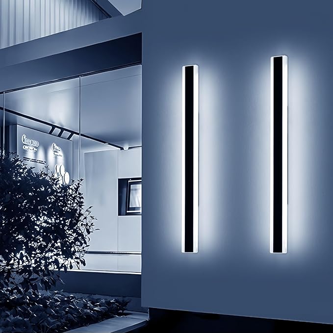 2 Pack Long Outdoor Wall Light Fixture, 47.2inch Porch Modern Wall Lighting, 6000K Cold White, IP65 Waterproof, White Acrylic, 42W, Black Strip Exterior Sconce for House, Garage, Garden, Fence