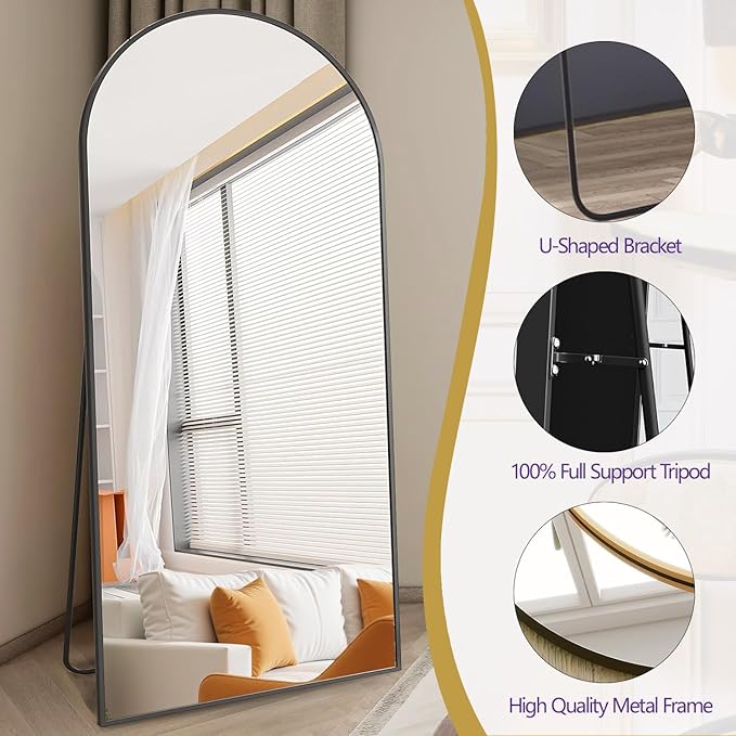 Arched Full Length Mirror, 71"x30" Free Standing Floor Mirror, Modern Full Body Mirrors with Stand, Wall Mirrors with Aluminum Alloy Frame for Bedroom,Living Room, Black