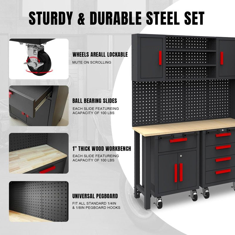 Torin Garage Storage Cabinets System, 6-Pcs Workshop Cabinet Set in Black, Included Steel Cabinets Drawers Rolling Chest and Pegboard,Locked Garage Storage Cabinet