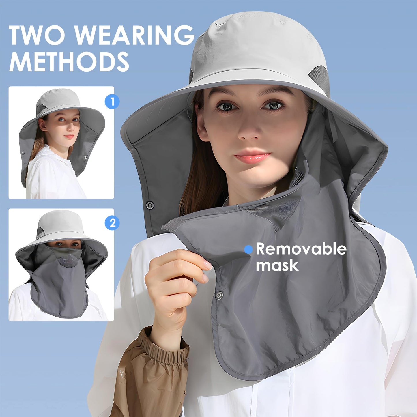 Outdoor Sun Hat Detachable Neck Face Flap UPF 50+UV Protection Visor Fishing Hats with Neck Flap for Men & Women Light Grey