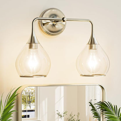 TETOTE 2-Light Modern Bathroom Light Fixtures, 2 Light Vanity Lights Over Mirror Brushed Nickel Wall Lamp with Clear Glass for Bathroom, Mirror, Living Room, Bedroom, Hallway