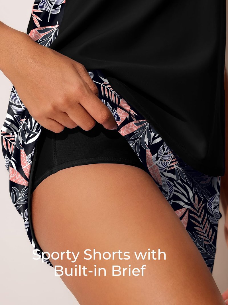 Summer Mae Blouson Tankini Swimsuits for Women 2026 Tummy Control Two Piece Bathing Suits with Sporty Pockets Swim Shorts Pink-Blue Jungle Size 6