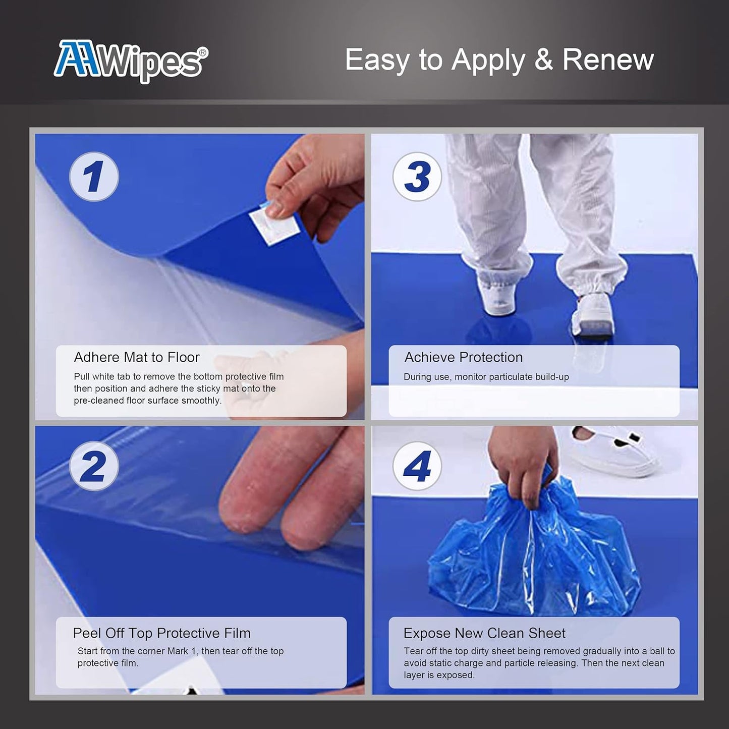 AAwipes 26" x 45" Blue Sticky Mats Tacky Pads Adhesive Floor Mat (5 Packs,150 Sheets,30 Sheets/Pack for Cleanroom Laboratory Workshop