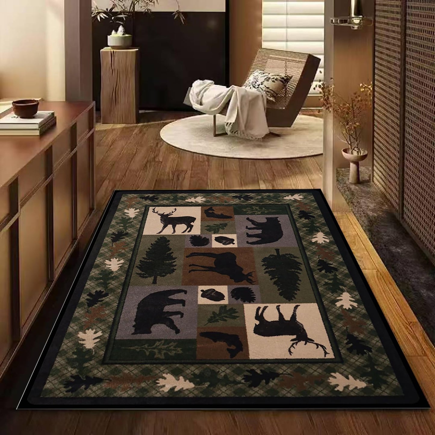 Qmkmyy Vintage Lodge Cabin Area Rug 4'x6' Hunting Bear Deer Print Rugs Rustic Wildlife Farmhouse Rug Country Style Leaf Carpet Low Pile Rectangular Mat,Black