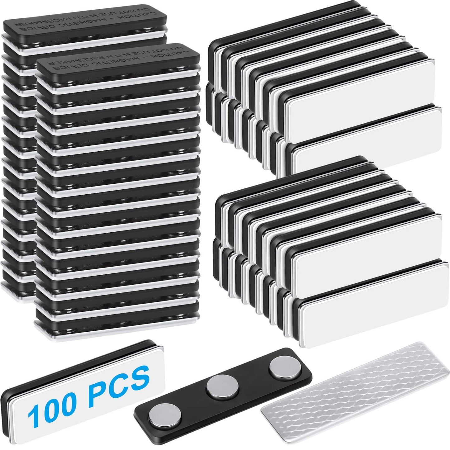 Mtlee 100 Packs Name Tag Magnets Magnetic Name Badge Holders ID Fastener Clip with 3 Neodymium and Adhesive Backing for Uniform Jackets(Black)