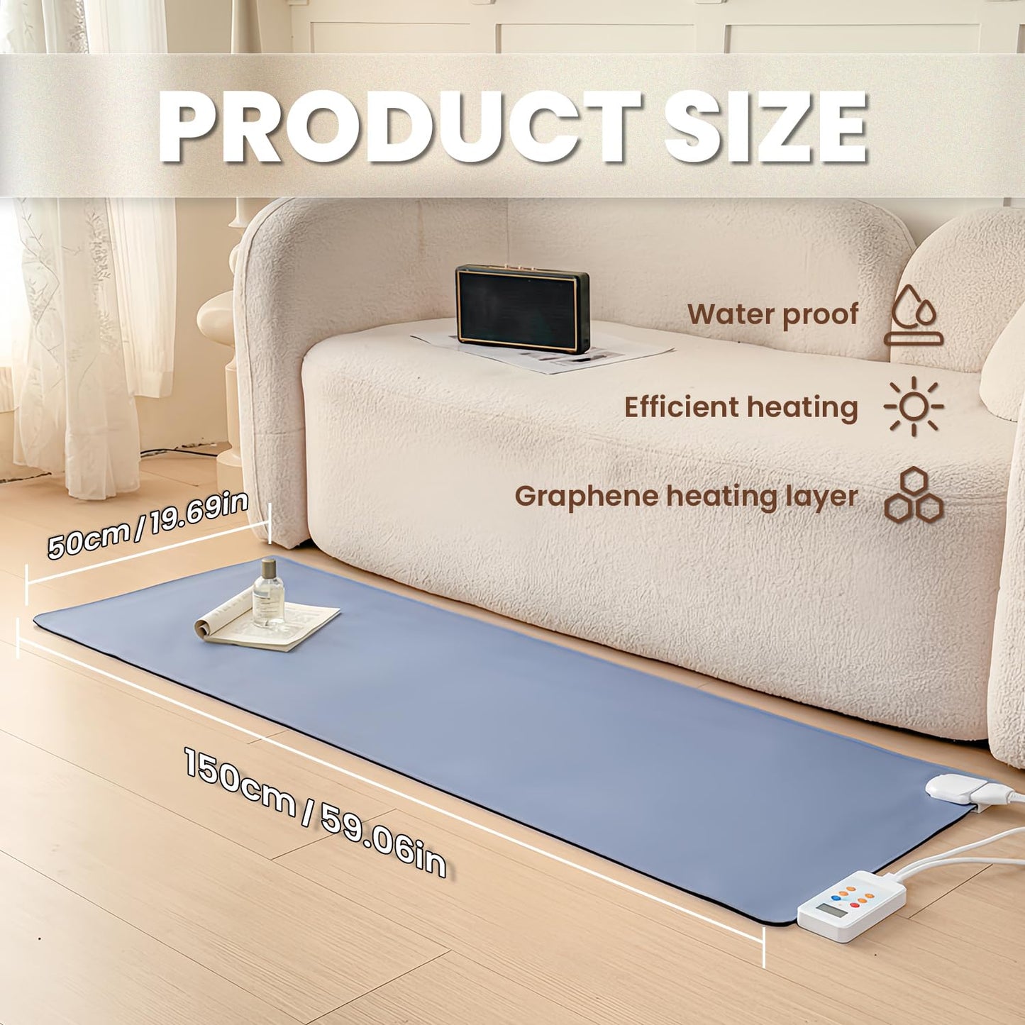 YIRCELOM Heated Floor Rug, Heated Floor Mat Under Desk with Adjustable Temperature 12 Hour Timer, Electric Heated Carpet, Radiant Floor Heater, for Yoga (20x59inch/50x150cm)