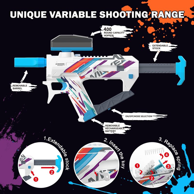 Electric Crystal Splatter, Automatic Splatter Ball Blaster with Adjustable Shooting Power,400 Round Hopper with Rechargeable Battery,Outside Activities Toys for Teens Age 14 & Up - White