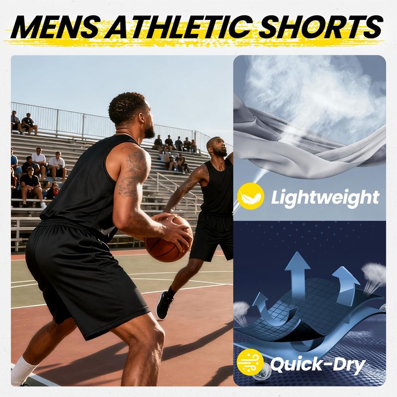 BALENNZ Athletic Shorts for Men with Pockets and Elastic Waistband Quick Dry Activewear Black