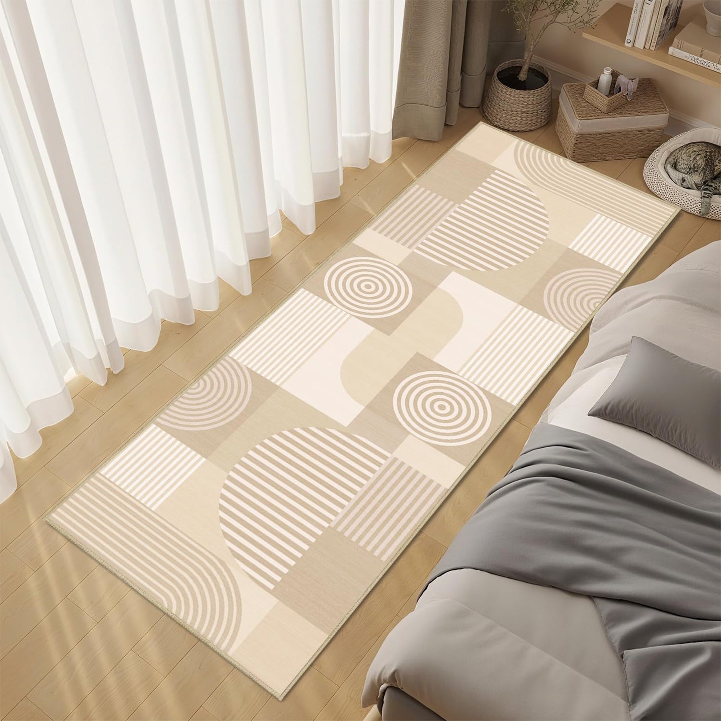 Glocmna Beige Geometric 2x6 Runner Rug for Hallway Kitchen Bedroom White Machine Washable Mid Century Modern Rug Non Slip Low Pile Minimalist Line Rugs Long Floor Mat Carpet for Bathroom Laundry,Beige