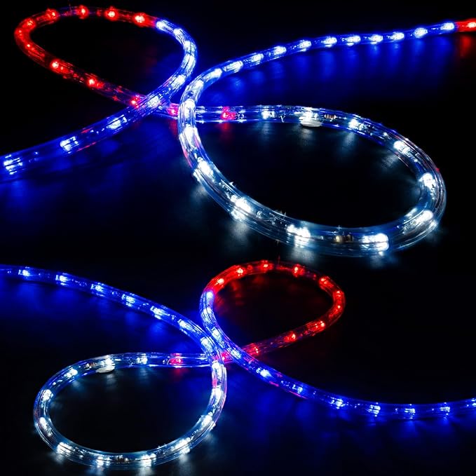 WYZworks 576LEDs 50ft LED USA Patriotic American Red White Blue Outside Rope Lights, Outdoor ETL Certified Waterproof Permanent 360 Degree Light, Flexible Tube, Connectable, Palm Tree Exterior