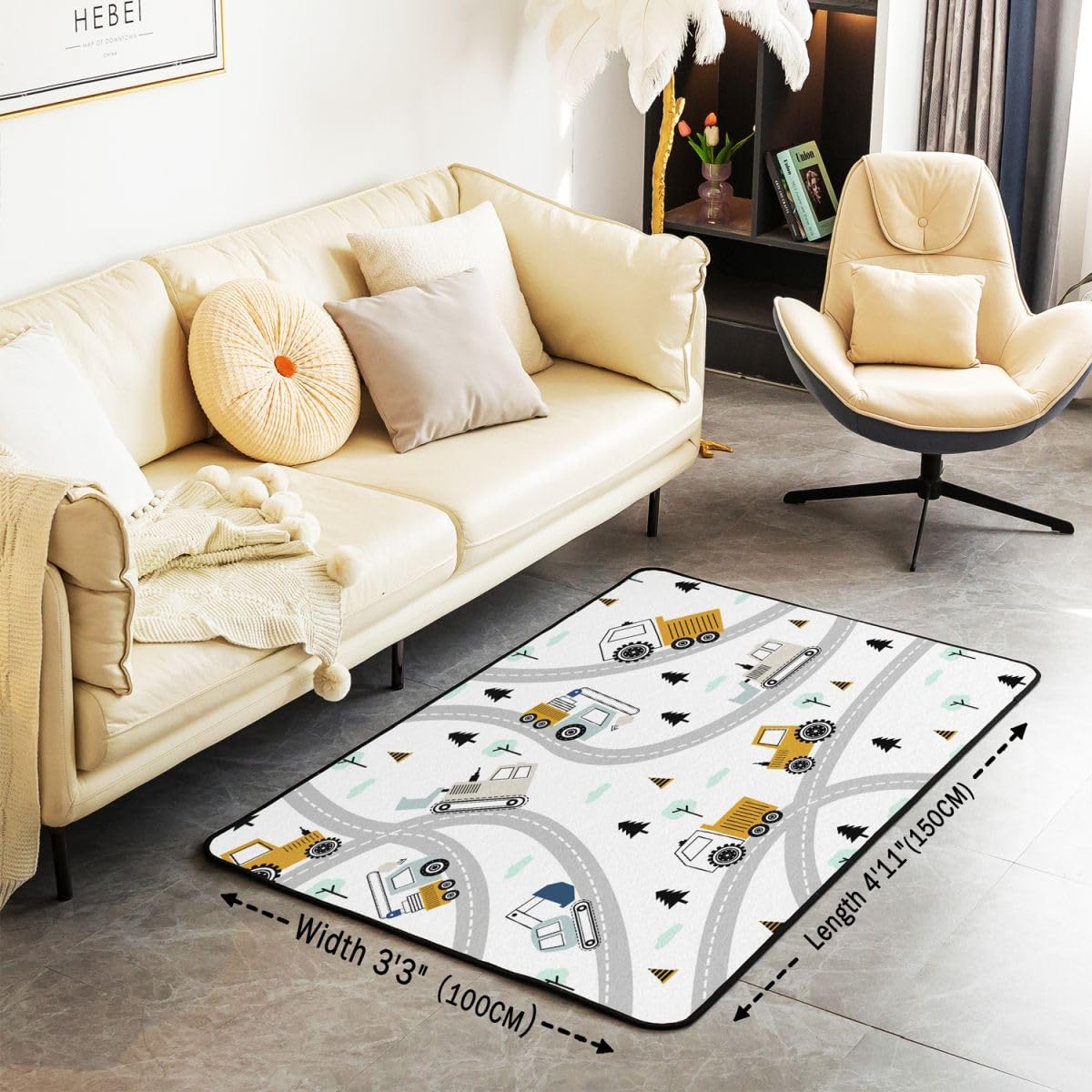 Construction Area Rug 5x7 Kids Equipment Trucks Decorative Carpet Set for Boys Teens Downtown Road Living Room Rugs Construction Vehicles Grey Yellow Indoor Floor Mat Room DecorAccent Rug