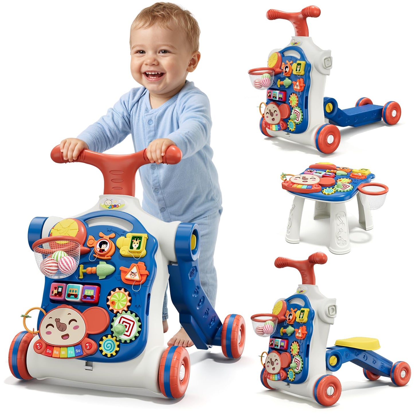 HYES 5 in 1 Baby Push Walker for Baby Boy, Activity Center Learning to Walk, Sit to Stand, Early Learning Push Toys for Infant 12 Months, Walking Toys Gift for Toddler Boys, Blue