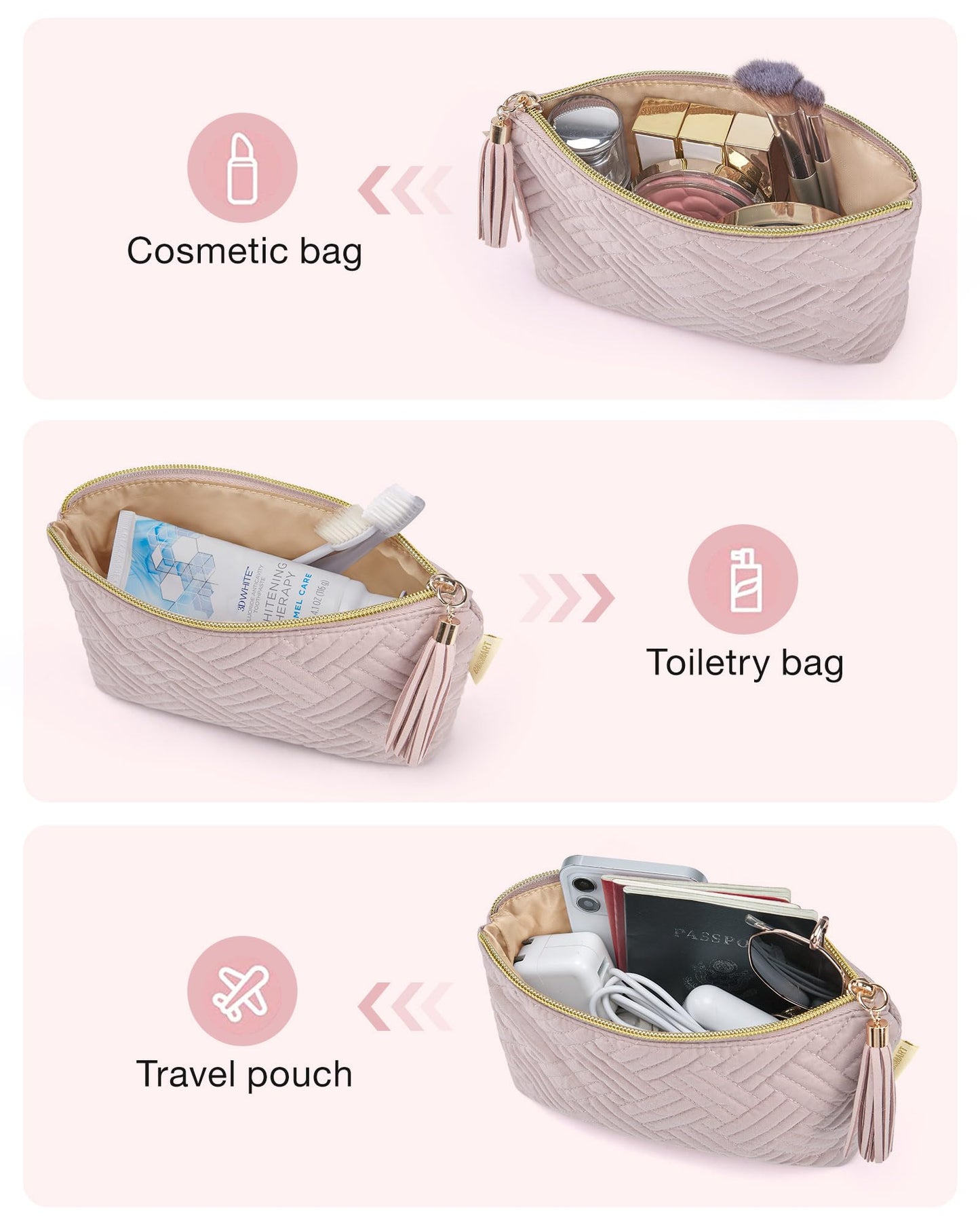 BAGSMART Small Makeup Bag, Elegant Cosmetic Pouch with Tassel, Soft Water-Resistant Travel Organizer for Women, Cosmetics & Everyday Essentials, Pink