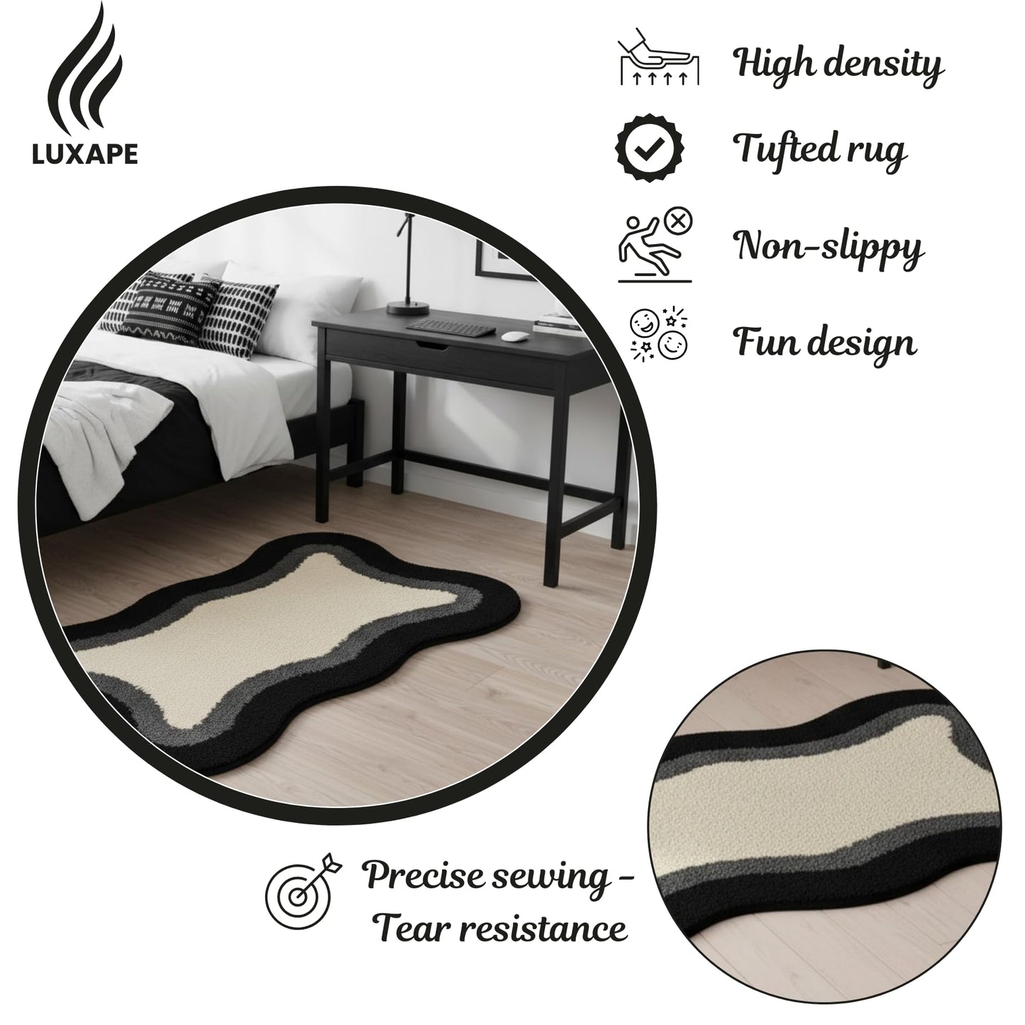 Luxape Cloud Rug - Black Fun Bathroom Decor - Irregular Shape - Handmade & Premium- 28in (70cm) - Hypebeast Room - Bathroom Bedroom, Children Bedroom - Aesthetic Room Decor Rugs