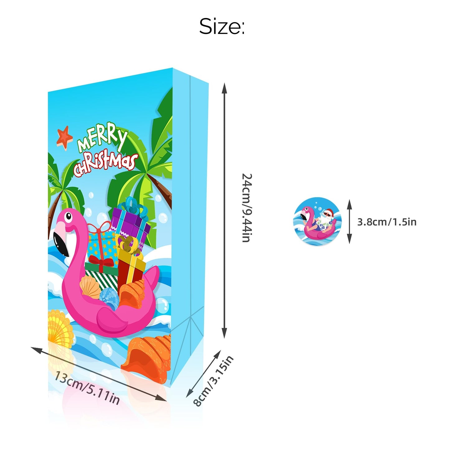 KYMY 12PCS Summer Christmas Party Favor Bags, Hawaiian Beach Paper Totes with Stickers, July Xmas Tropical Santa & Flamingo Treat Bags for Luau Holiday Party Decorations Supplies