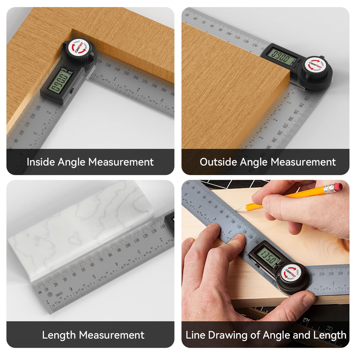 GemRed 82305 Digital Angle Finder GemRed Protractor Stainless steel 7inch 200mm (Black Button)