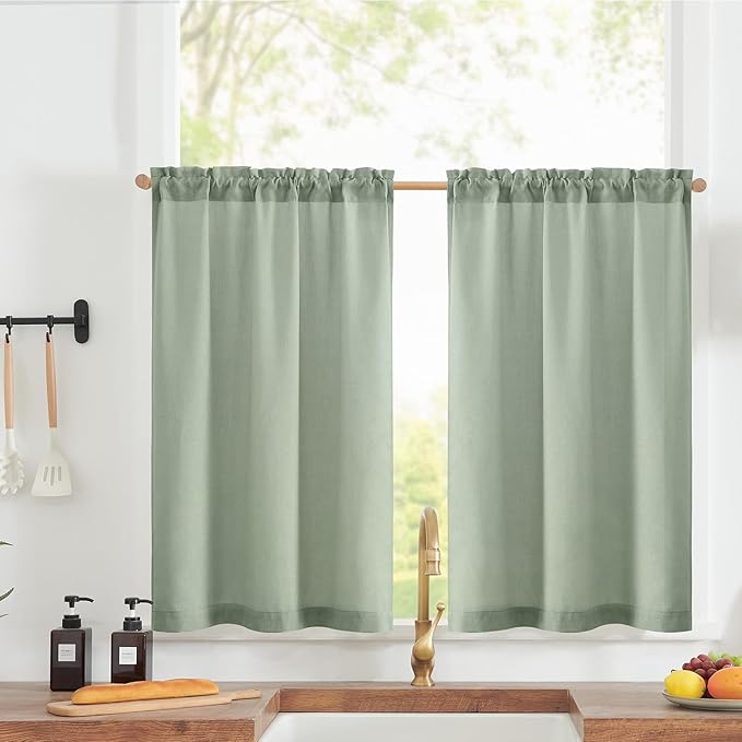 jinchan Linen Textured Tier Curtains 24 Inch for Kitchen Windows Farmhouse Cafe Curtains Small Drapes Rustic Light Filtering Half Window for Living Room Laundry Rod Pocket 2 Panels Green