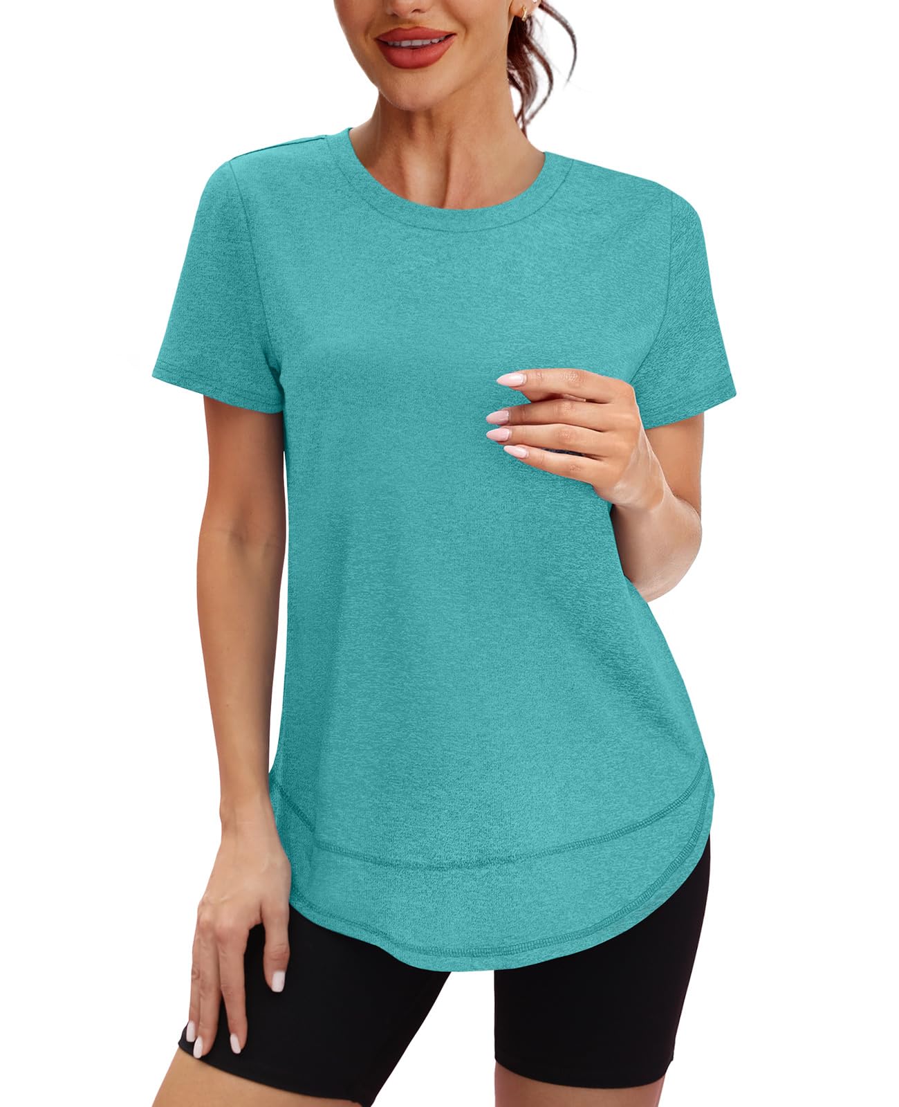 Workout Tops for Women Spring Summer Short Sleeve Golf Outfits Gym Essentials Activewear Running Shirts Aqua S