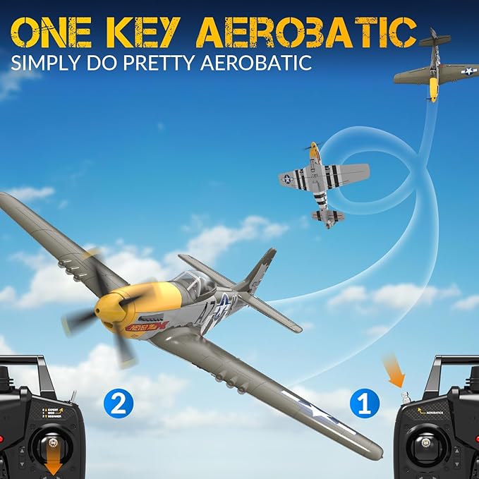 RC Airplane Brushless P51D Mustang RC Plane Ready to Fly Remote Control Airplane Fighter with 6-Axis Gyro 3 Flight Modes &amp Aerobatics 2.4GHz Radio Controlled Aircraft for Beginners Boys &amp Ad