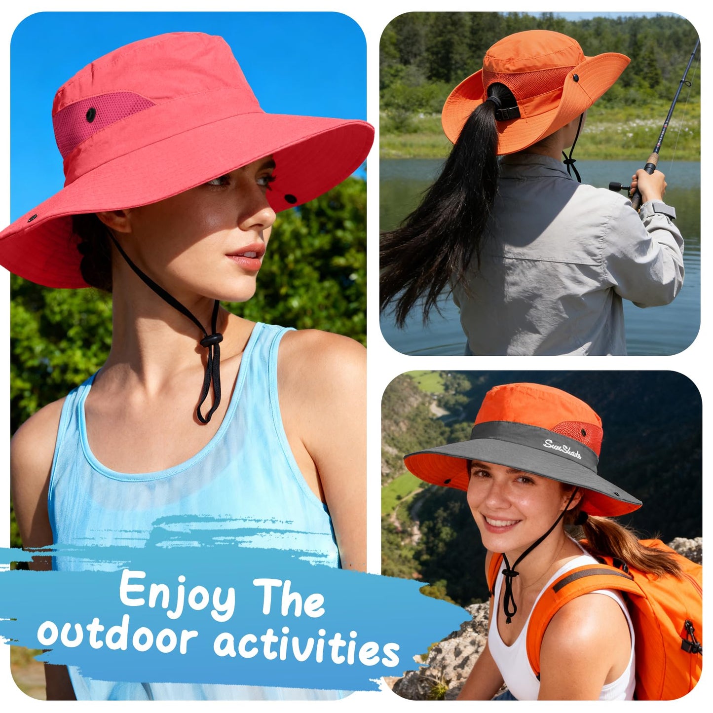 ZOORON Women's Ponytail Safari Sun Hat,Wide Brim UV Protection Outdoor Bucket Hat,Foldable Beach Summer Fishing Hat