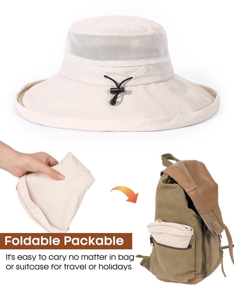 FURTALK Wide Brim Sun Hat with Ponytail Hole for Women UPF 80+ UV Protection Packable Bucket Hiking Travel Outdoor Hat Beige