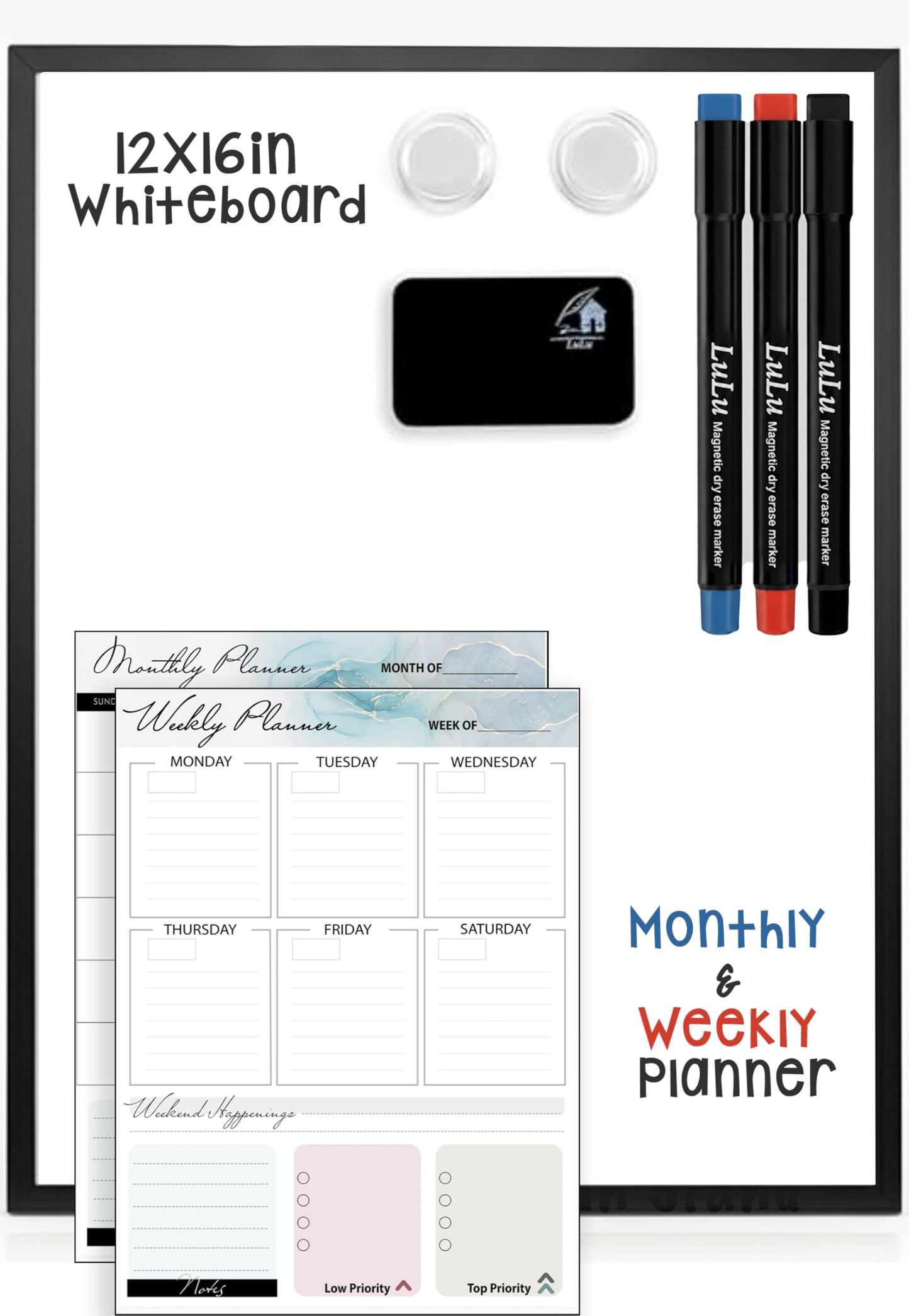 LULU OFFICE 12x16 Magnetic Whiteboard with Stand – Includes Weekly & Monthly Planner Sheets – Desktop Dry Erase Board with Black Frame, 3 Markers, Eraser, Magnets & Wall Mount Kit