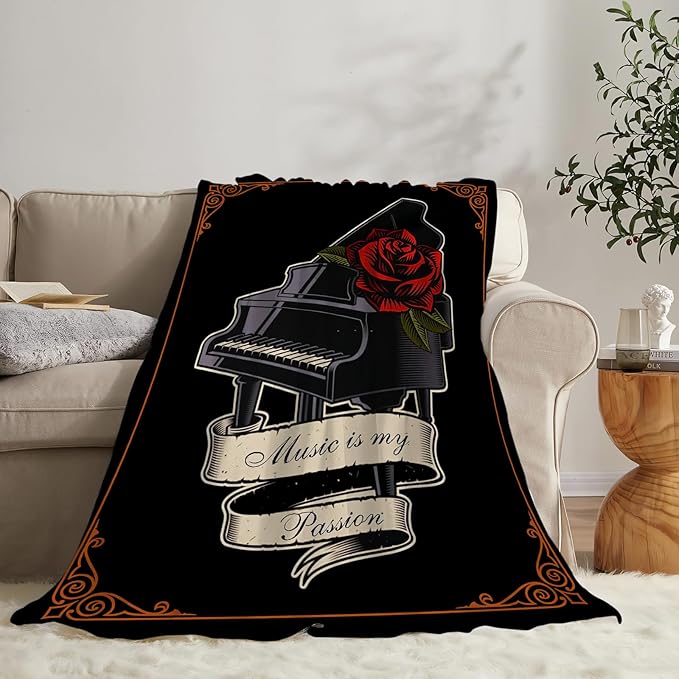 Piano Blanket Decor Gifts for Piano Teacher, Flannel Fleece Fuzzy Throw Blankets, Soft Warm Cozy Plush Music Blanket for Bed Couch Living Room Stuff Decoration for Kids Adult 50"x40"