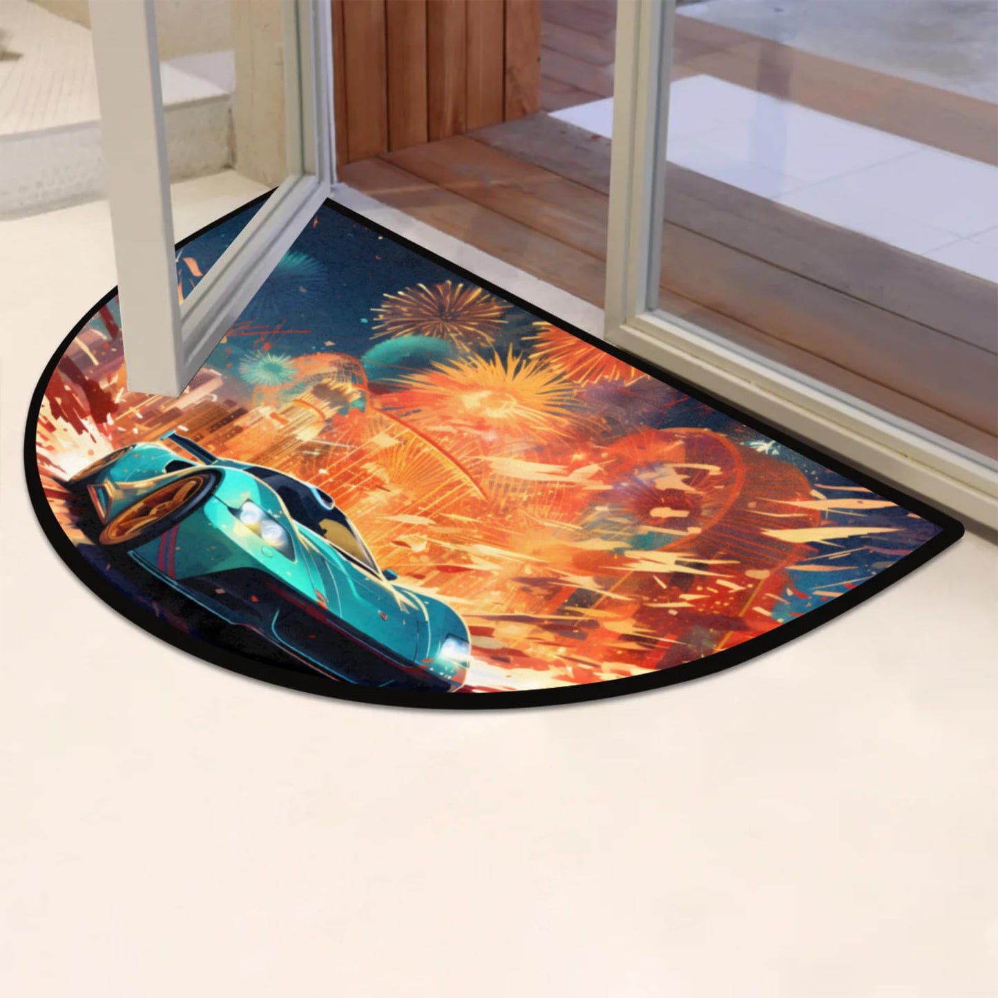 LCLJJDMBM Fireworks Race Cars Half Round Door Mat Indoor Entrance Half Moon Rug Area Rug Low Pile Non Slip Absorbent Semi Circle Welcome Mats for Kitchen Patio Home Decoration 36x24 Inch