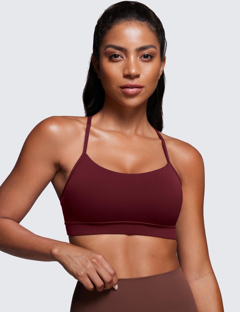 CRZ YOGA Butterluxe Y Back Sports Bras for Women - Padded Racerback Low Impact Spaghetti Thin Strap Workout Yoga Top Red Merlot Large