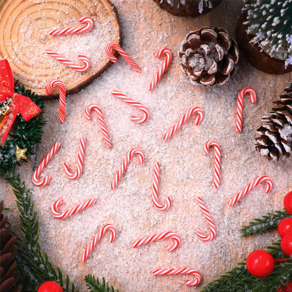 Celltestria 80Pcs Christmas Mini Candy Canes Faux Clay Candy Canes for Crafts Red and White Candy Cane Miniatures Xmas Candy Stick Decorations for Vase Filler Tree Hanging Party