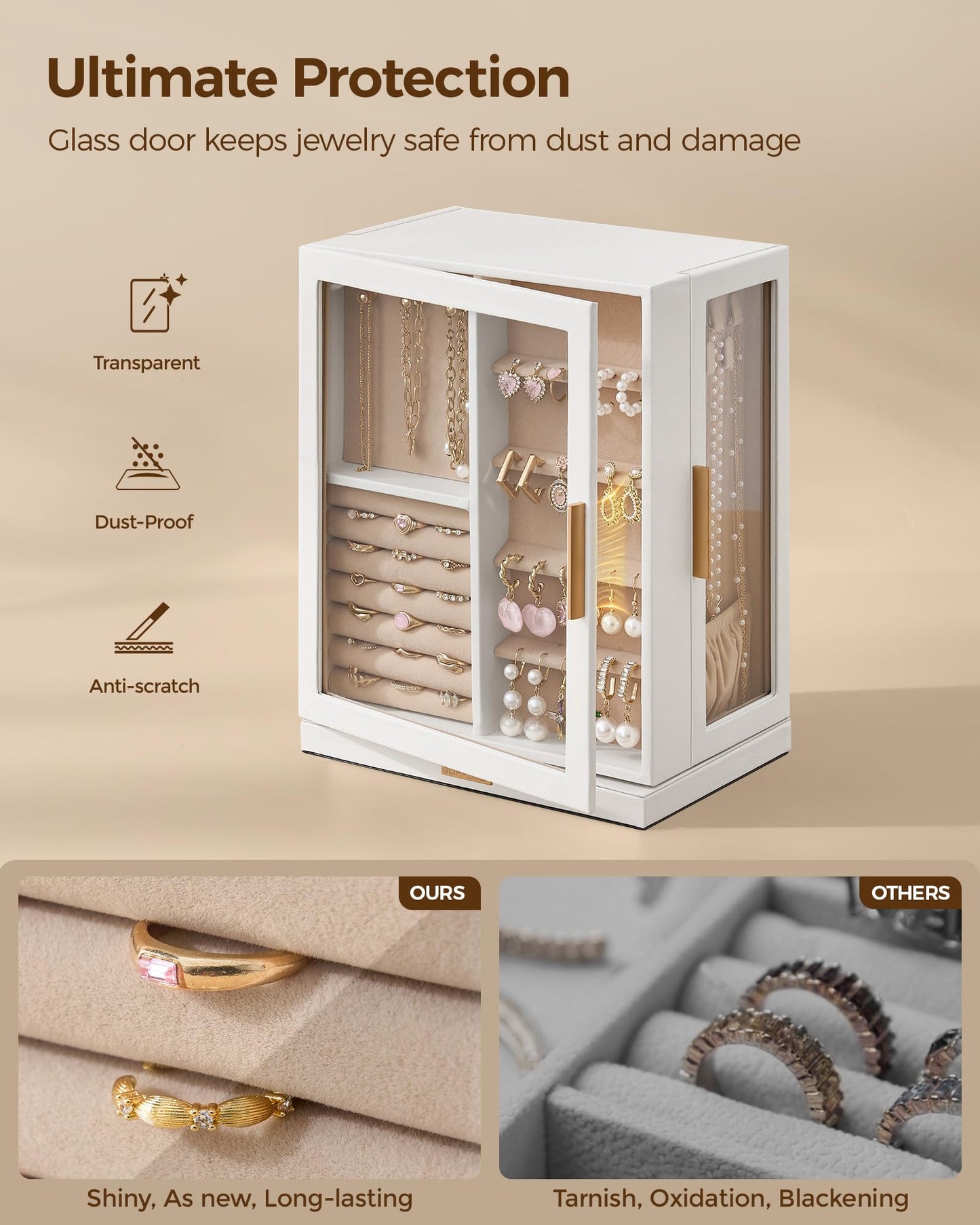 Glimmloop 360° Rotating Jewelry Box with 5 Drawers, Spacious Vertical Jewelry Organizer with Glass Window, Jewelry Storage Case, Dustproof & Moisture-resistant Design, White