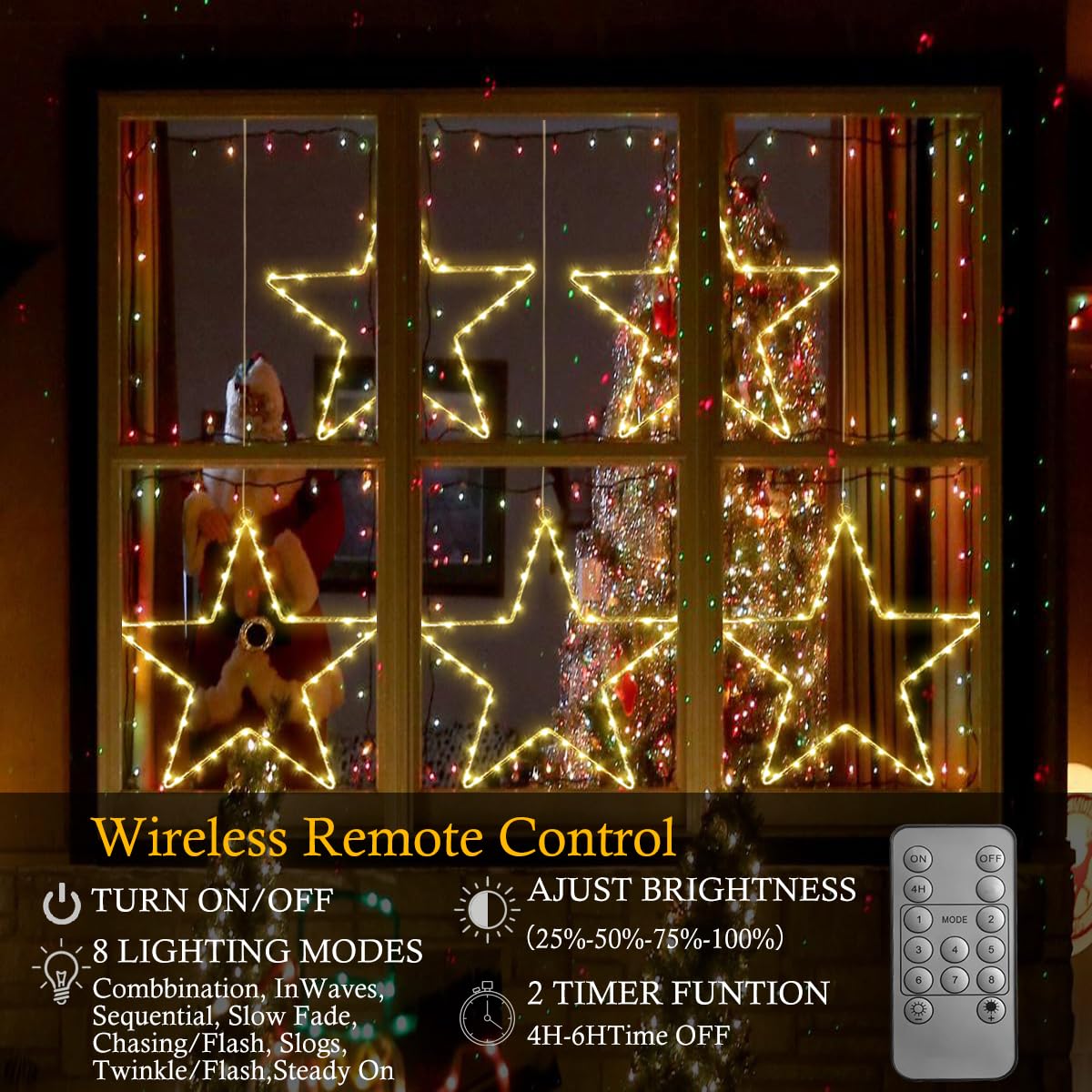 wominoy LED Christmas Window Star Decoration - 5 Pack 200 Hanging Star Lights Battery Operated 8 Modes with 5 Remote Controls for Indoor, Outdoor Christmas Window Decorations, Porch, Warm White