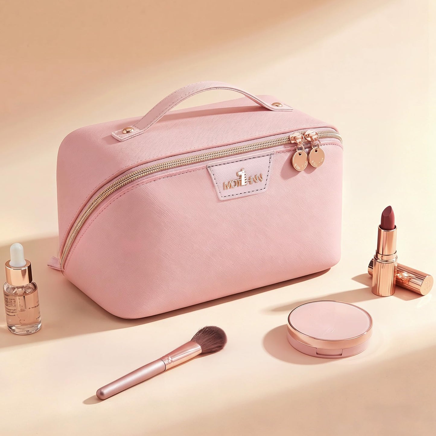 MOT HINN Travel Makeup Bag for Women: 3-in-1 Large Capacity Cosmetics Organizer with 2 Detachable Pouch - Vegan Leather Flat Open Toiletry Bag - Portable Travel Essentials for Full-Sized Bottles(Pink)