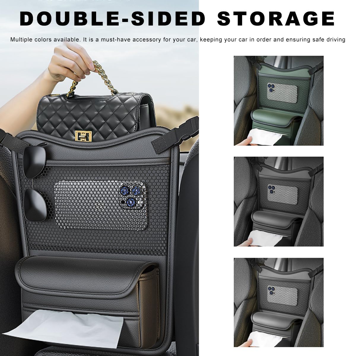 MTRPS Car Purse Holder Between Seats, Nappa Leather Front Seat Storage Bag with Tissue Holder, Large Capacity Automotive Console Organizer for Document Phone Wallet, Car Accessories (Black)