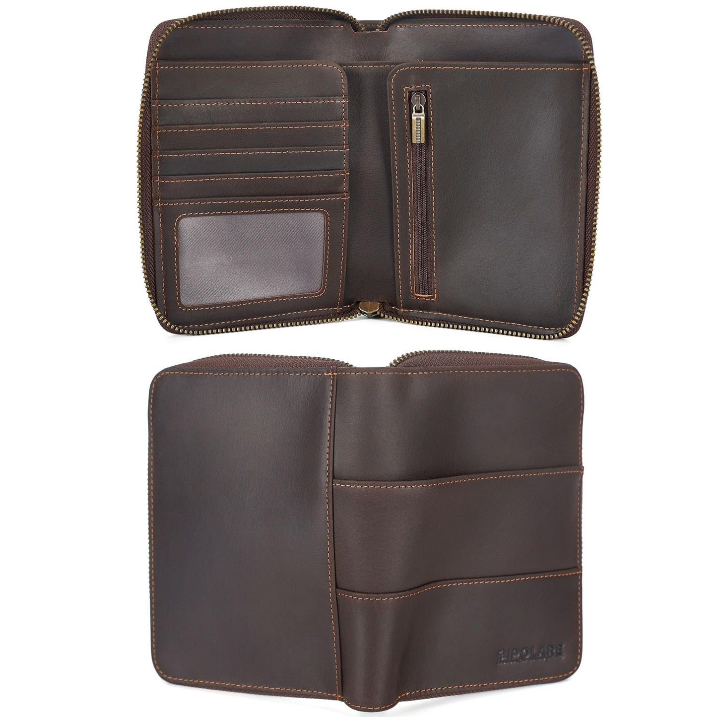 Polare Full Grain Leather Travel Passport Wallet with YKK Zipper and RFID Blocking Document Organizer Holder 2 Passports (Dark Brown)