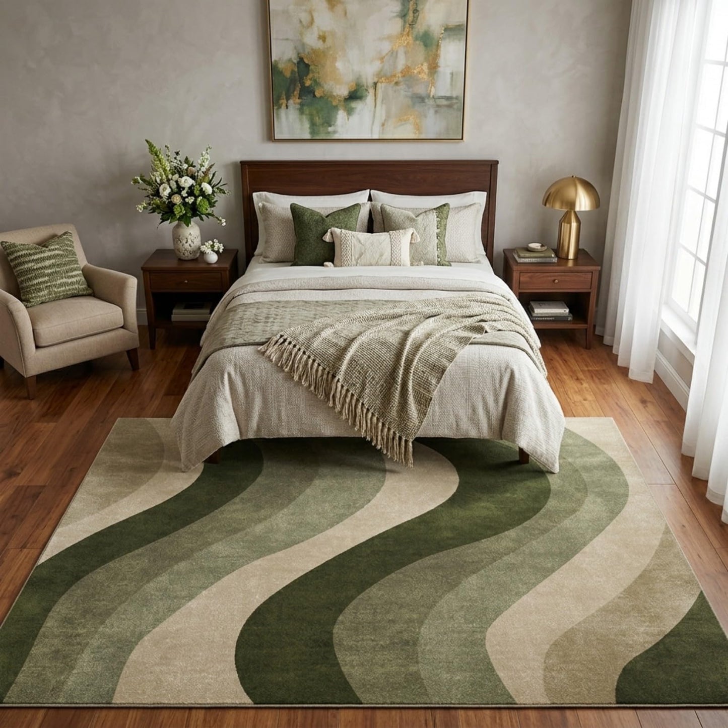 BreezeRise 5x7 Modern Wavy Striped Area Rug for Living Room,Olive Green & Beige Gradient Wave Pattern Non-Slip Washable Backing Bedroom