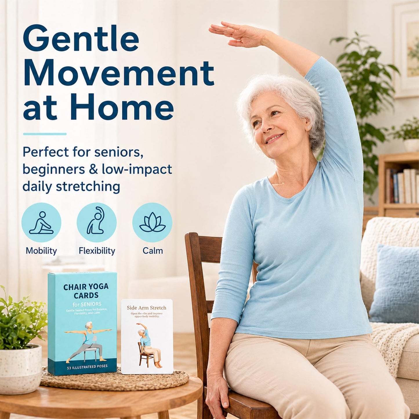 HuanRanYo Oversized Chair Yoga Cards for Seniors, 53 Seated Yoga & Stretch Poses, Large-Print Step-by-Step Exercise Deck with Storage Box, Low-Impact Mobility & Flexibility Workouts for Older Adults