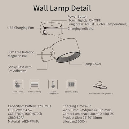 Led Wall Sconces, Wall Lamps with Battery Operated, Wall Mounted Cordless Lights with 3 Color Temperature&3 Brightness, 360° Magnetic Ball, USB Charging Port for Reading Study Bedside
