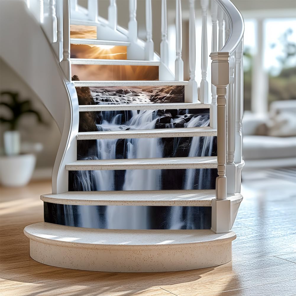 PLIGREAT 15 Strips 3D Waterfall Stair Decals, Peel and Stick Stairs Riser Stickers Natural Landscape Stair Risers Covers 7.1" x 39" Self-Adhesive Vinyl Stairs Riser Decals for Home Hotel Decor