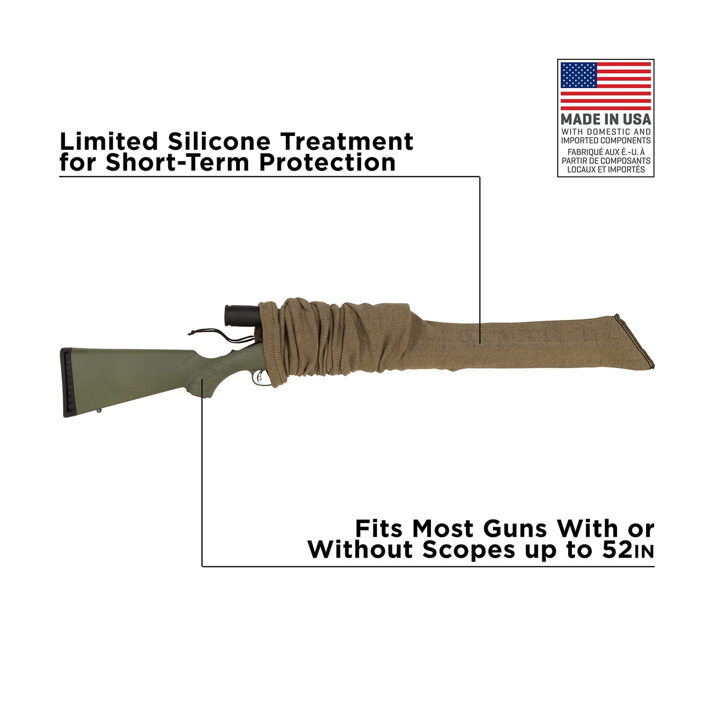 Allen Company Knit Gun Sock for Rifle/Shotguns With or Without Scope - Anti-Rust and Silicone-Treated for Gun Safe, Bag, and Case Storage - Drawstring Closure - 52" Tan