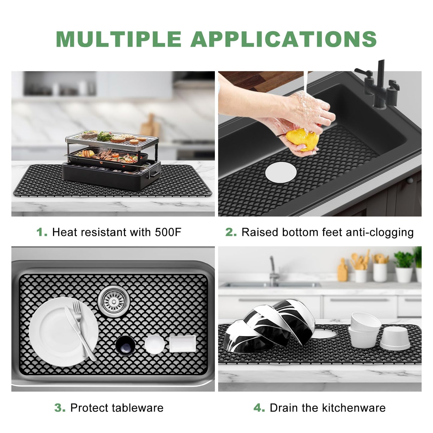 Sink Protectors for Kitchen Sink - Large 28.4"x 15" with Rear Drain Hole Heat Resistant Easy Clean Non-slip Silicone Kitchens Sinks Mat for Bottom of Kitchen Sinks Stainless Steel(Black)-72x38CM